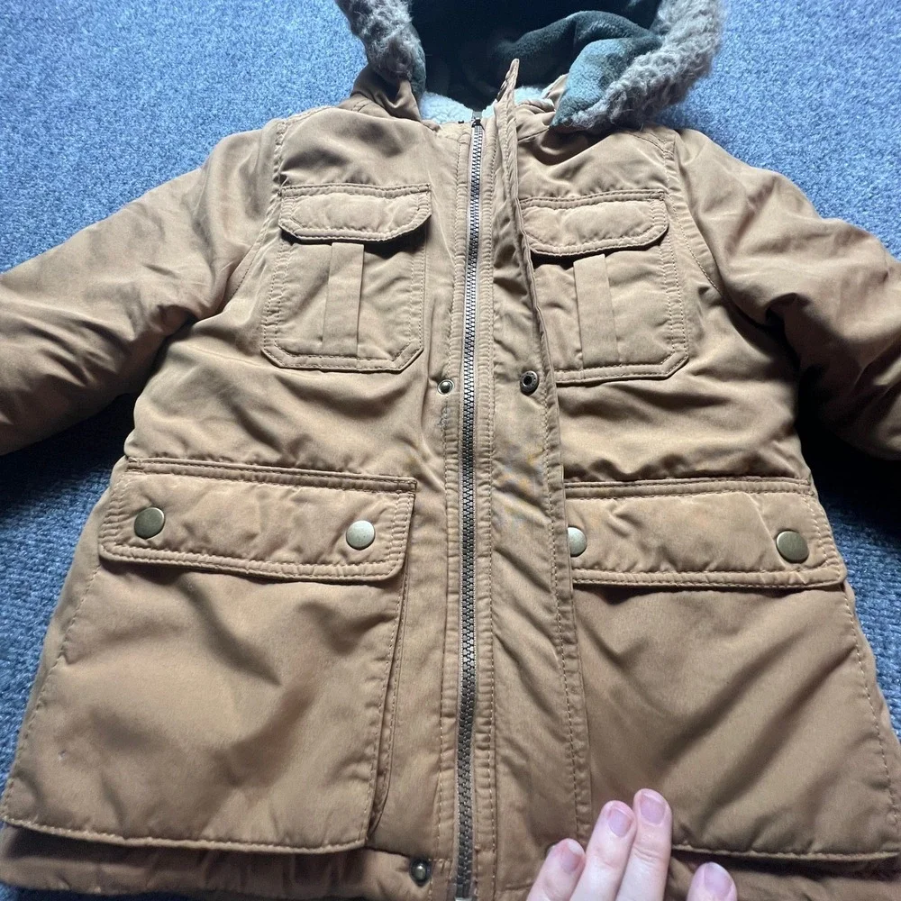 Carters Boys Heavyweight Parka Jacket Tan Brown Faux Fur Hood Size M 5-6